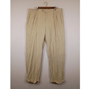 Old Money Brandini Mens 38 Beige Linen Blend Pleated Cuffed Dress Trousers